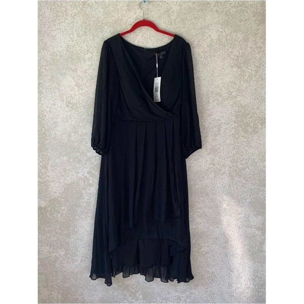 Ever Pretty Black Chiffon High Low‎ Wrap V-Neck Long Sleeve Dress US 14 NWT
